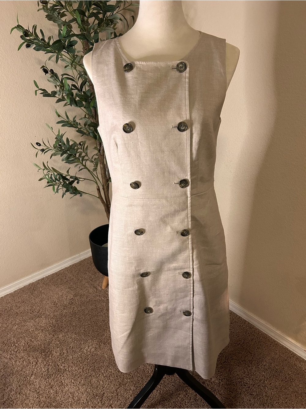 J. Crew Sleeveless Double-Breasted Midi Dress Linen Beige
